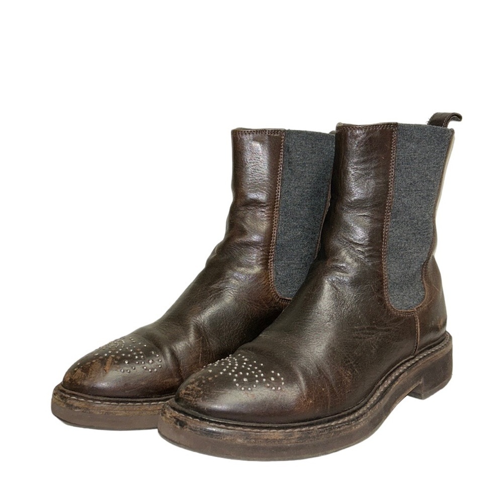 Brunello Cucinelli Leather Studded Boots Brown Bikercore Cowboy Western Women 7